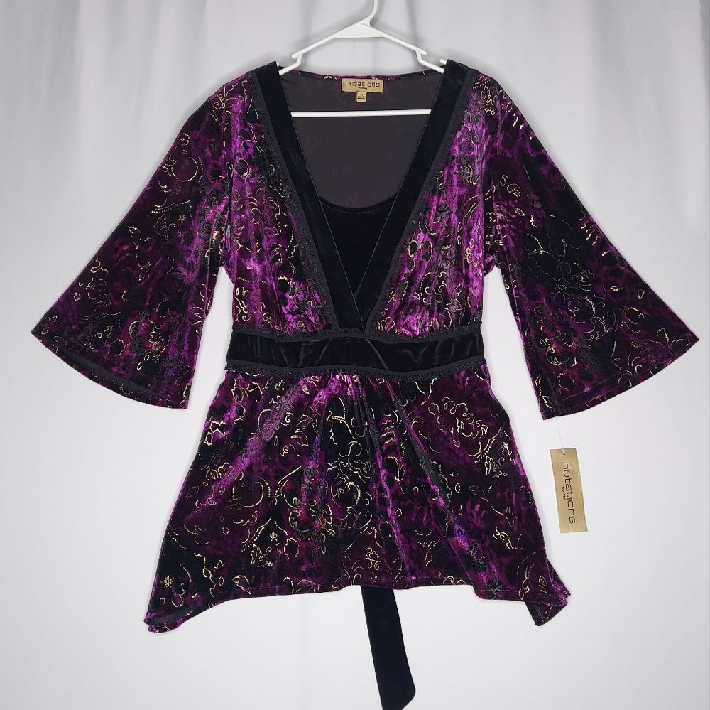 Y2K Velvet Empire Tie Waist Flare Sleeve Top Womens 2X Purple Witchy Whimsigoth - Picture 1 of 13